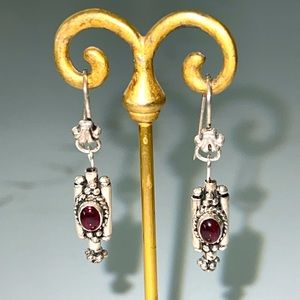 Beautiful Bali Sterling Silver Dangle Earrings with Cabochon Garnet Stones